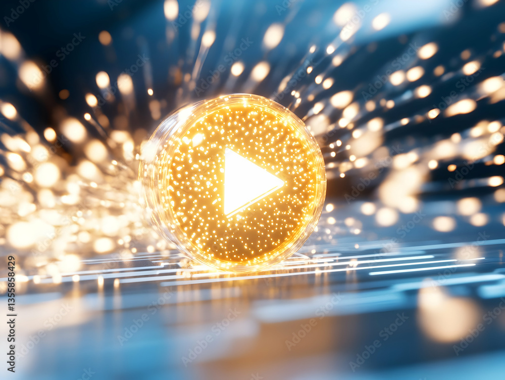 Poster golden play button emitting sparks on circuit board with a glowing effect digital media and modern t