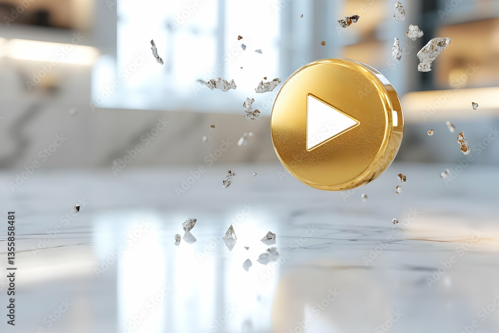 Poster golden play button floating above marble countertop with blurred interior background showing high re