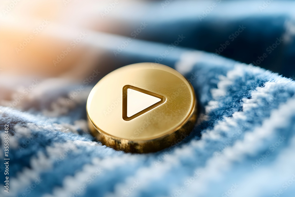 Poster golden play button icon on a blue and white textured circular metal button against soft focus textur