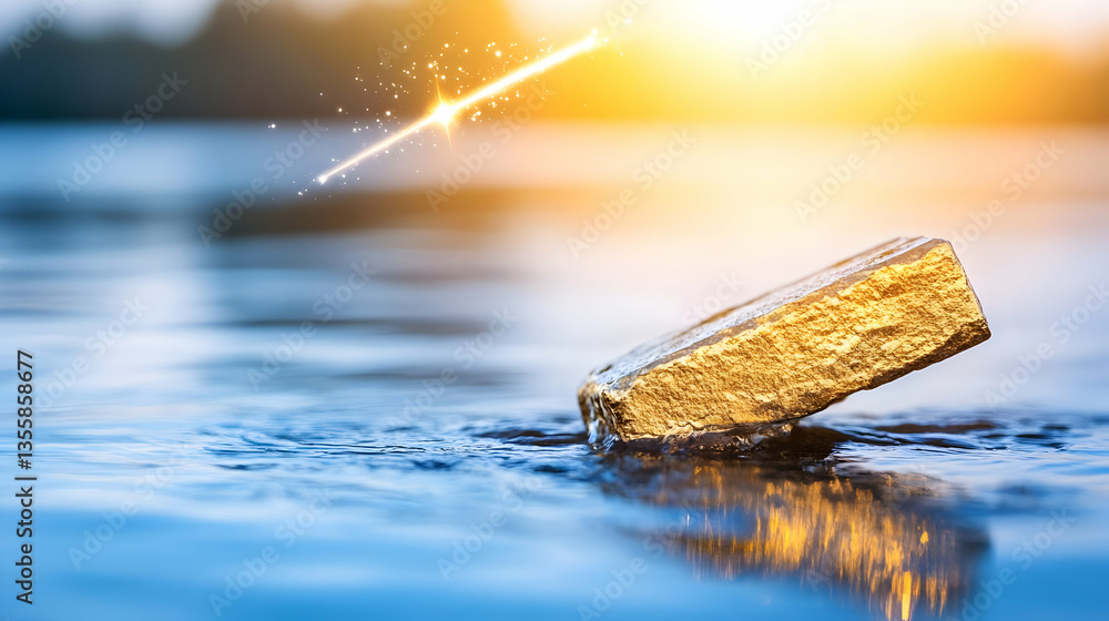 Poster golden rectangular object sinking into clear blue water with a sparkling light effect and surface ri