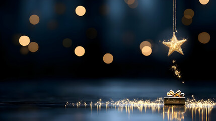 Obraz premium Golden Star Hanging over a Present on a Dark Surface with Golden Bokeh Light Christmas Celebration Festive Sparkle Luxury New Year Holiday Season Greeting Card and Dark Background