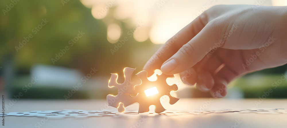 Poster hand connecting a white jigsaw puzzle piece near sunlight in a nature setting symbolizing teamwork b