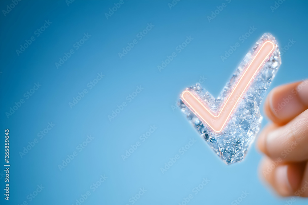 Poster hand holding check mark icon with glowing outline on blue background demonstrating approval acceptan