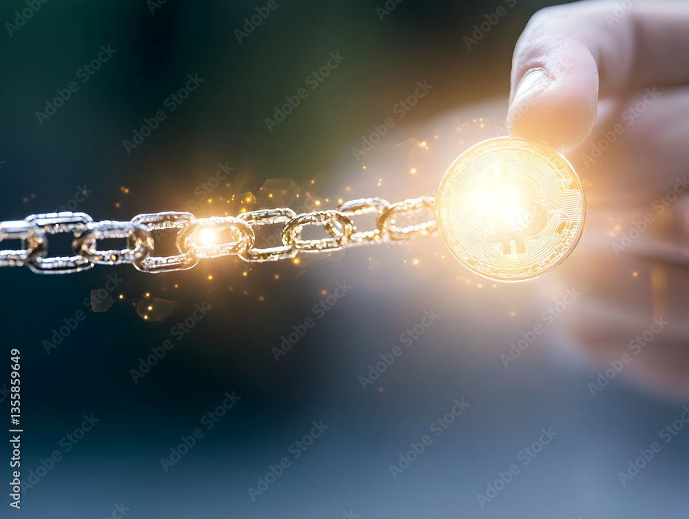 Poster hand holding digital coin attached to golden chain depicting blockchain technology cryptocurrency wi