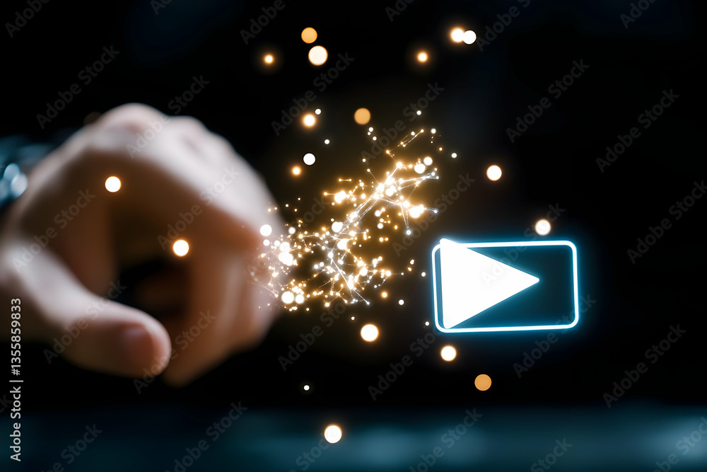Poster hand touching glowing play button with digital sparks in dark background representing modern technol