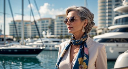 Relaxed middle aged woman in silk scarf strolling by luxury marina elite lifestyle photography model