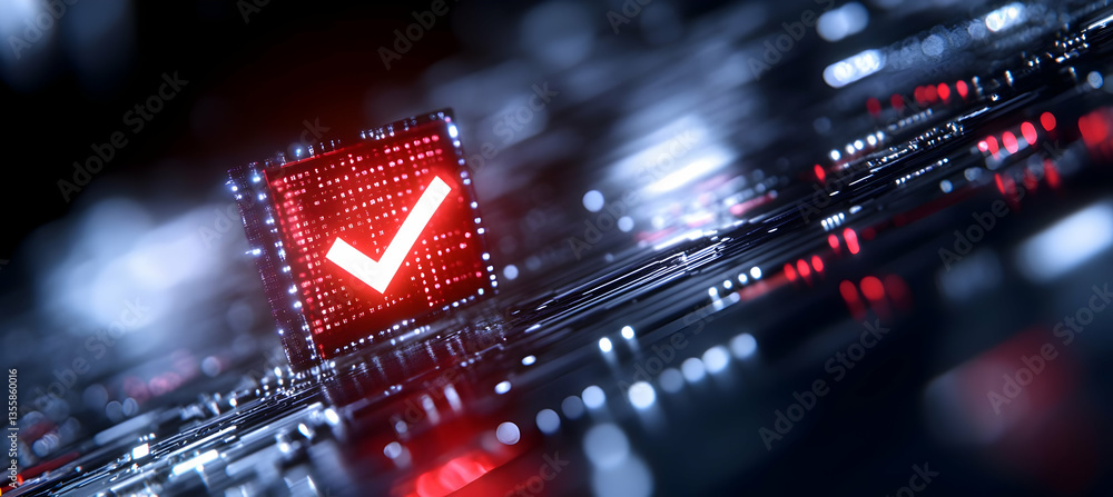 Poster highlighted red checkmark on futuristic circuit board represents verification process with glowing l