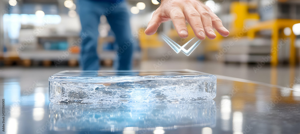 Poster human hand hovering over a translucent cube with glowing checkmarks on a metal surface in a blurred 