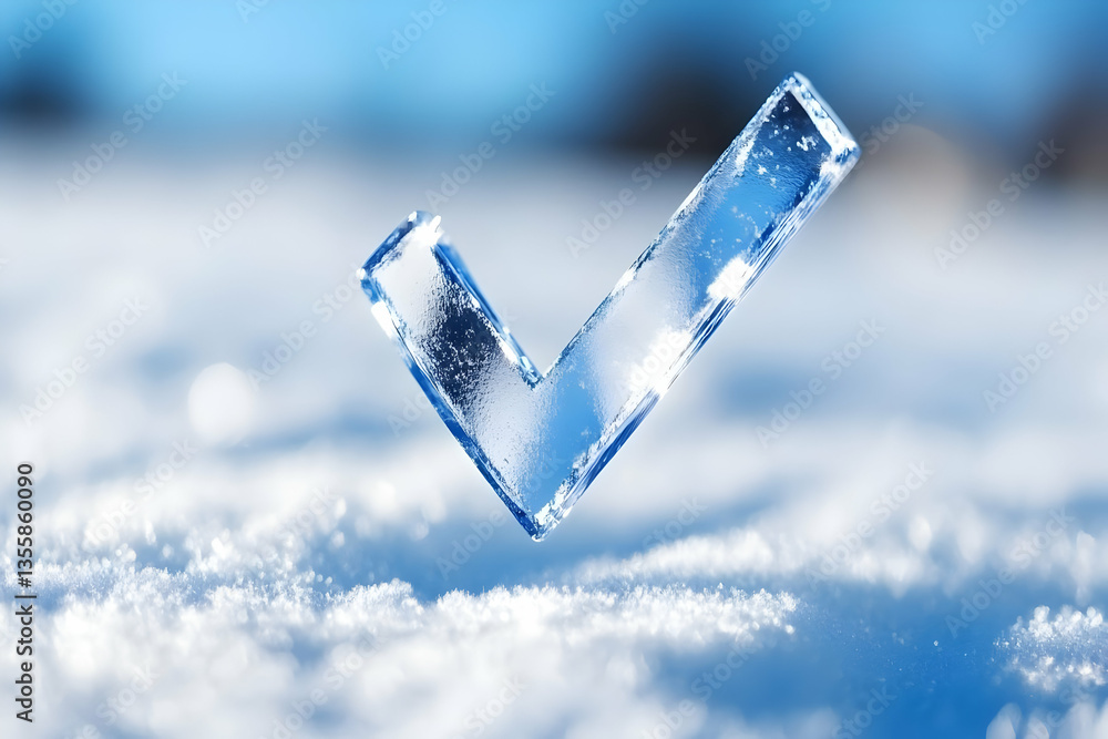 Aufkleber icy check mark symbol on snowy surface against a softly blurred blue background symbolizing correct 