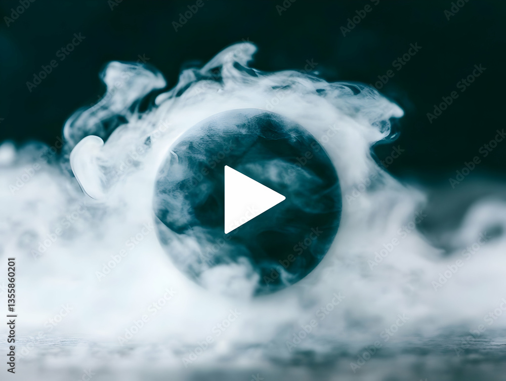 Poster icy sphere surrounded by thick vaporous smoke on dark surface with play button icon overlayed creati