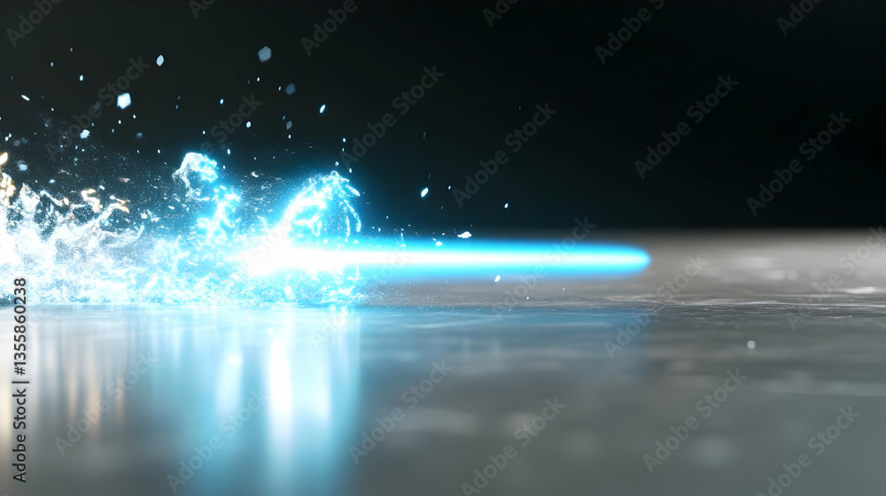 Poster horizontal blue laser beam breaking through water on polished surface with dark background creates a