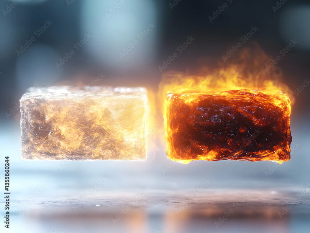 Fototapete hot fire cube versus icy cold cube with orange flame and blue ice floating on concrete floor creatin