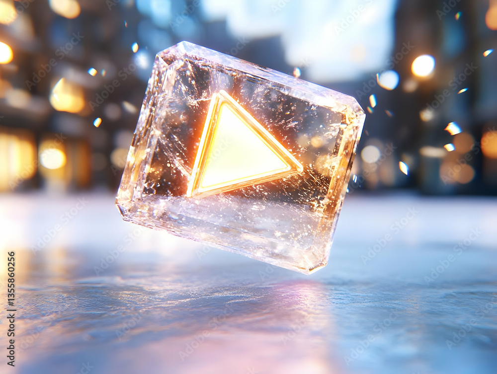 Poster iced cube with glowing triangle centerpiece with digital defect on urban blurred background with bok
