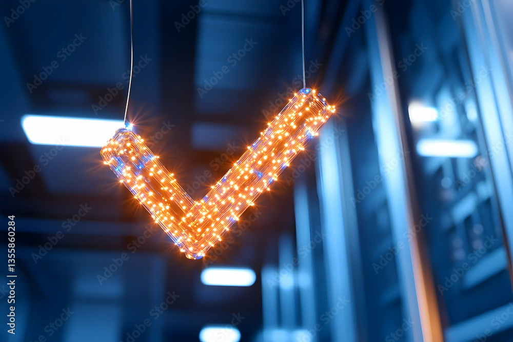 Aufkleber illuminated check mark with glowing lights hanging in dark blue futuristic environment symbolizing s