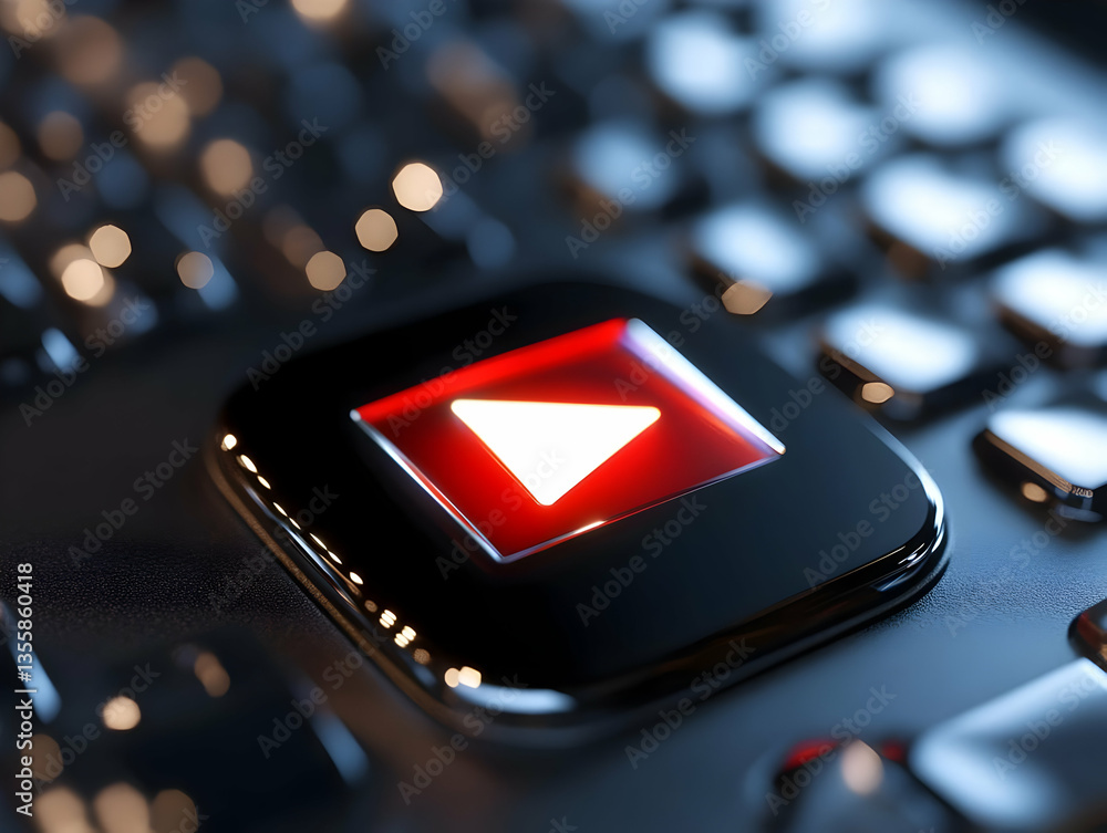 Poster illuminated play button on black keyboard close up represents digital entertainment and technology w