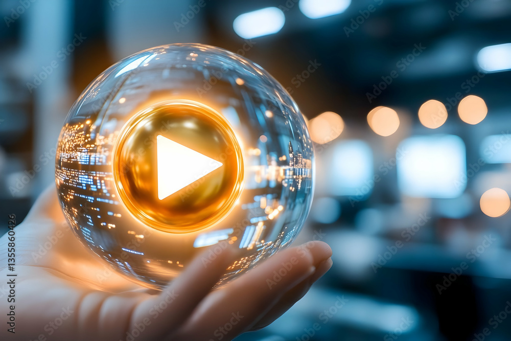 Poster illuminated play button inside a transparent sphere held in hand representing cutting edge media tec