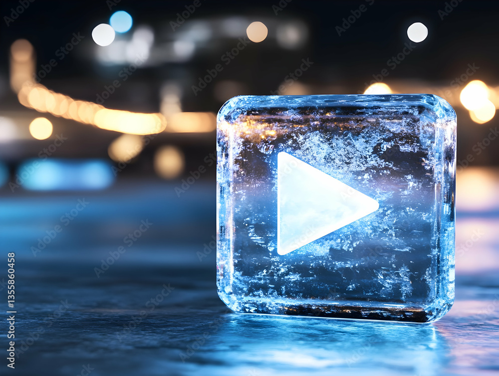 Poster illuminated play button inside blue ice cube on glossy surface with blurred cityscape background dep