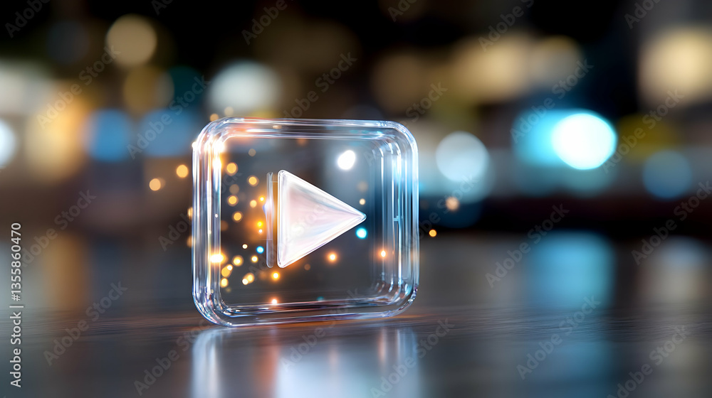 Poster illuminated play icon with glass frame with sparkling effect on dark background for digital media an