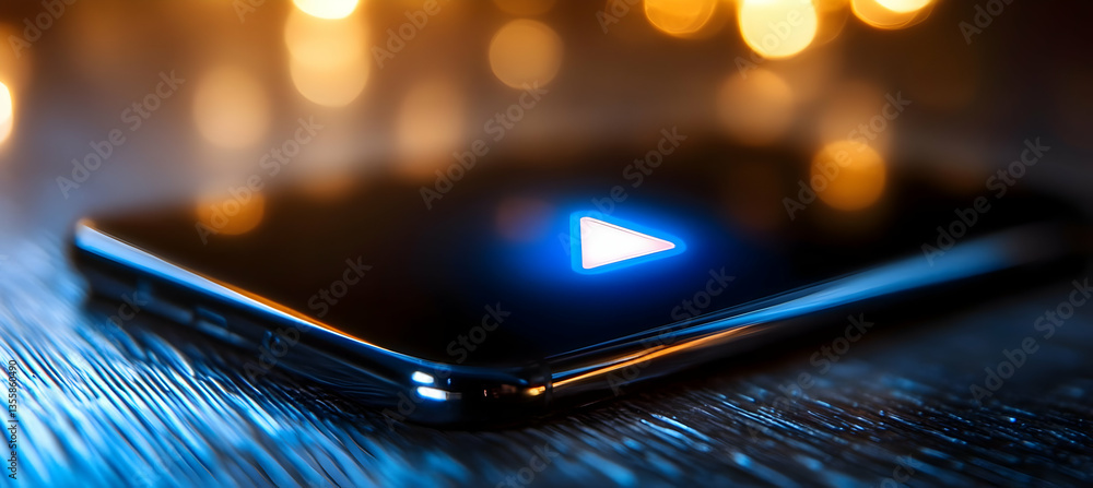 Poster illuminated play button on black mobile phone displayed over wooden surface with warm bokeh backgrou