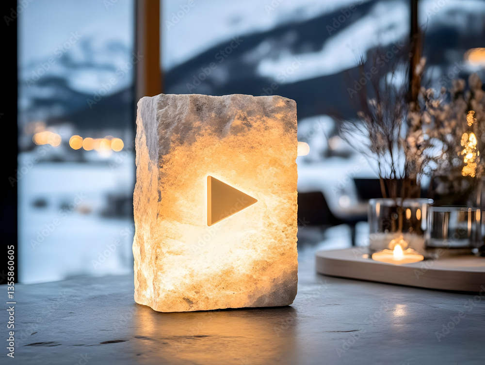 Poster illuminated stone lamp on table with snowy mountain view creates warm cozy atmosphere and rustic cha