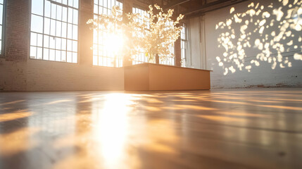 Obraz premium Indoor Room with Sunlight Streaming Through Windows Casting Shadows on Wooden Floor with Tree Plant in Modern Decor and Brick Elements in Bright Day Light
