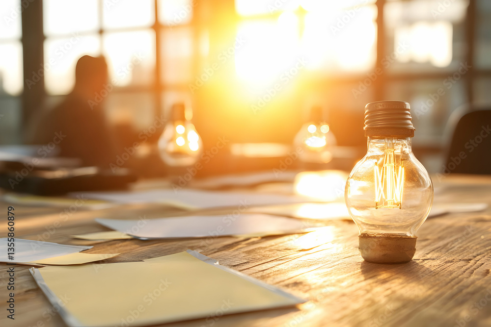 Poster lightbulbs on wooden table with sunlight streaming through window with person silhouette and papers 