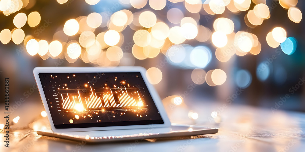 Aufkleber laptop displaying holiday trees with string lights and bokeh effect in warm golden hues for festive 