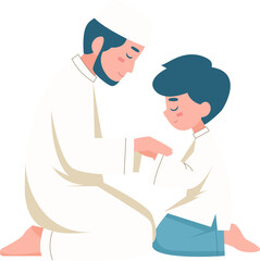 Fototapeta premium Happy Eid al-Fitr and Eid al-Adha Muslim Family Illustration - Islamic Celebration with Forgiveness Pose