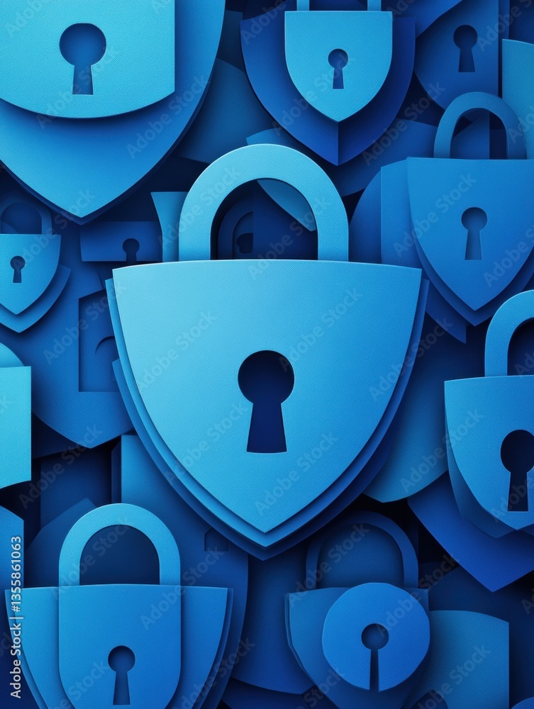 Aufkleber Cybersecurity art with layered locks and encrypted codes in a modern blue gradient background