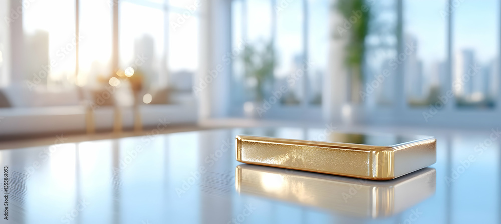Poster macro shot of a gold bar on a shiny table reflecting sunlight in modern interior with large window a