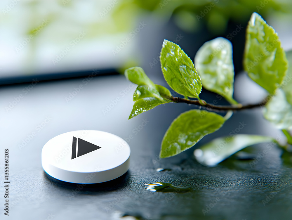 Poster macro shot of green leaves with water droplets and a play button on dark surface with blur backgroun