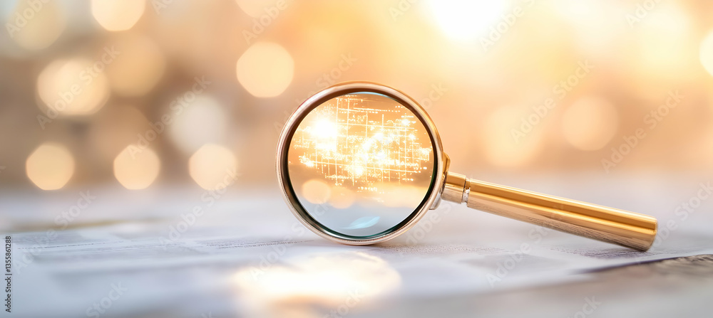 Poster magnifying glass focuses on blurred abstract text and golden bokeh lights creating a sense of discov