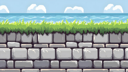 Obraz premium Pixel Art Seamless Landscape Border With Stone Wall And Ocean