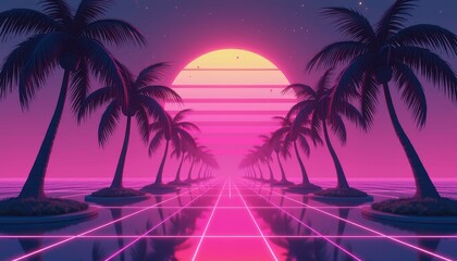 Naklejka premium Vibrant Cyberpunk Sunset Landscape 3D Wallpaper Retro Futurism Nostaia. A neonlit tropical beach with palm trees and a sunset.