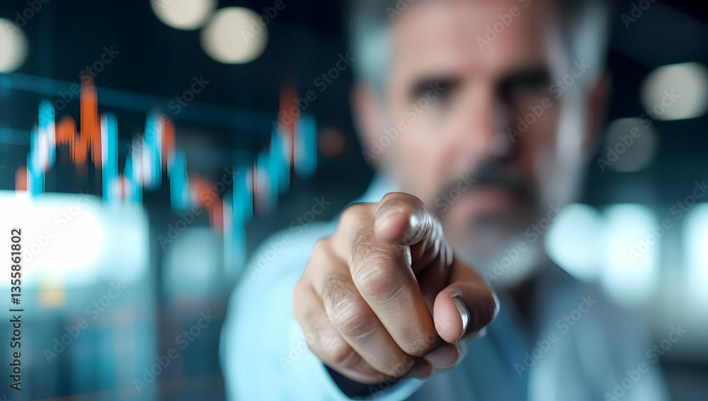 Poster mature businessman pointing at stock market chart display with financial data and graph analysis for