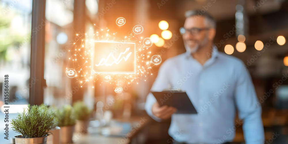 Poster mature businessman holds clipboard near glowing chart displaying financial data with a blurred cafe 