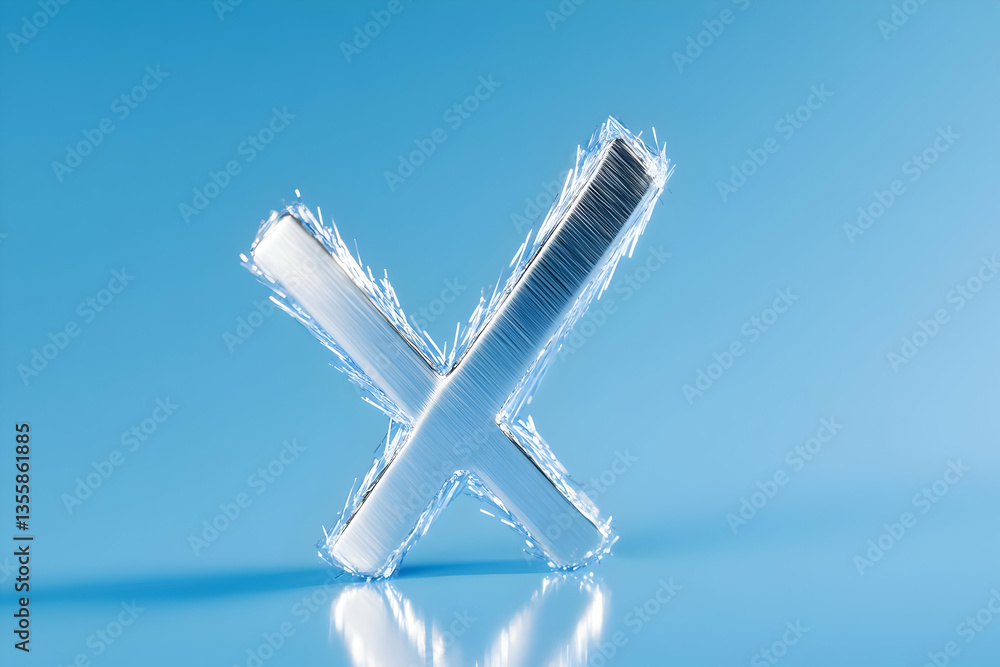 Poster metallic cross symbol shines on light blue surface depicting cancellation rejection and incorrect ch