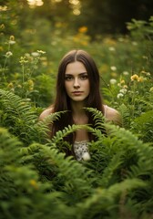 Serene woman amidst lush ferns soft golden light. AI Generated