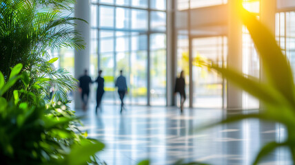 A blurred background of people in a modern, eco-friendly office with glass windows, lush greenery, and natural light, reflecting a dynamic, sustainable workspace.