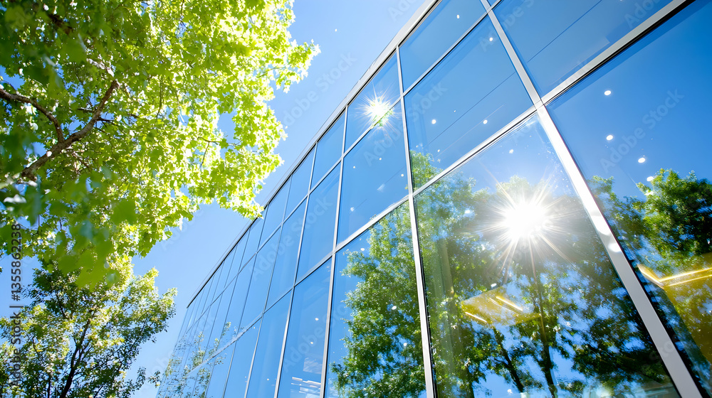 Poster modern glass building reflecting sky and trees minimalist architecture with clean lines and geometri