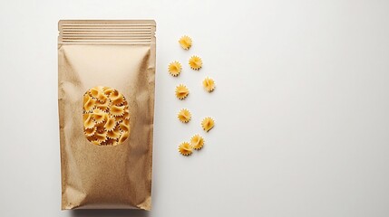 Farfalle pasta in a kraft paper pouch on white background.
