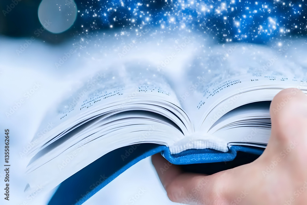 Poster open book with mystical light and sparkles emanating in a soft blue and white tone with hand holding