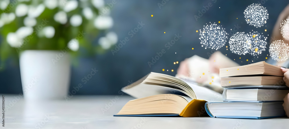 Poster opened books stack with white flower arrangement on desk under digital particle effect study learnin