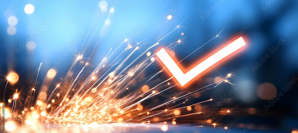 Poster orange glowing check mark with sparks on blue background symbolizes agreement approval and validatio