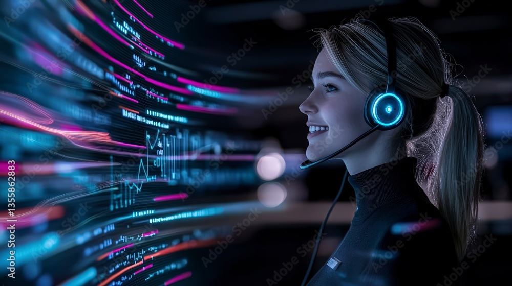 Poster smiling customer service agent tech support data analysis headset screen