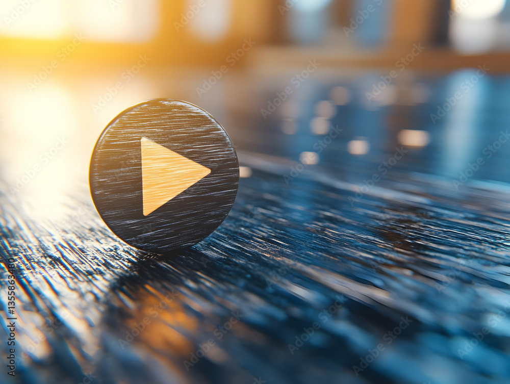 Poster play button icon on polished dark wooden surface with abstract blurred background media control symb