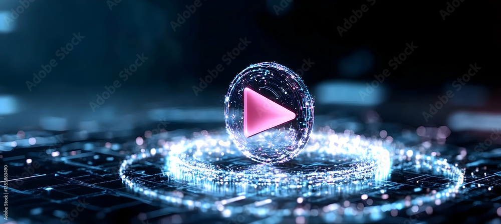 Poster play button graphic rendered with glowing dots on dark background with digital network overlay in bl