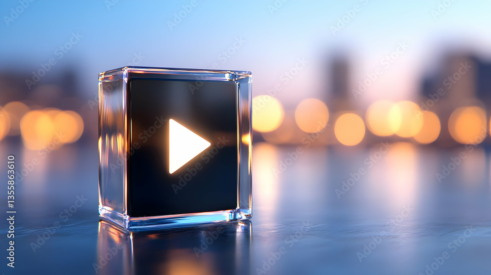 Poster play icon inside a shiny glass cube on reflective surface with blurred city lights creating a modern