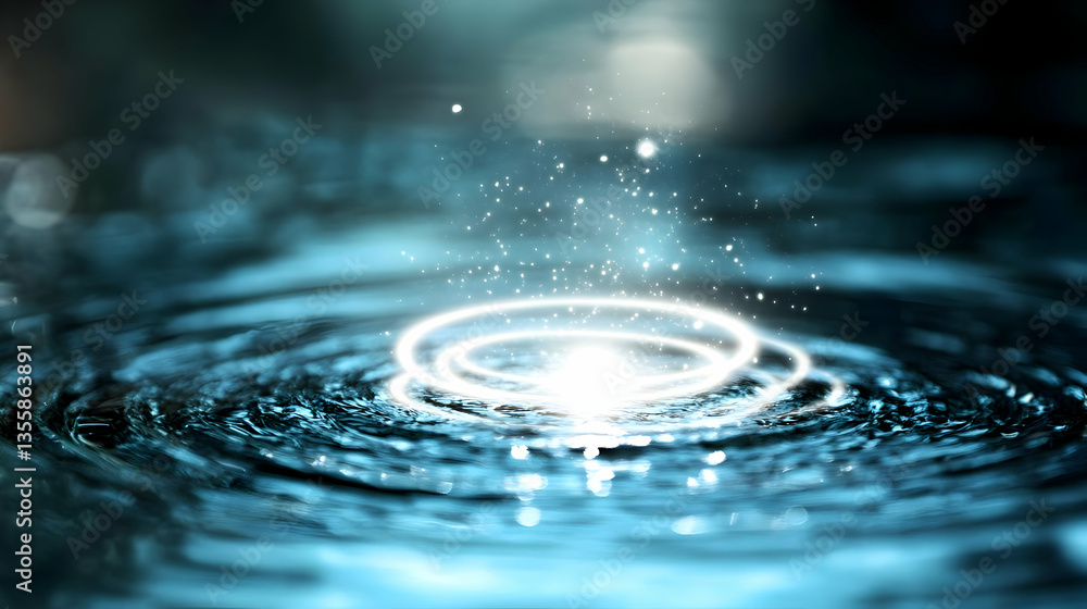 Poster radiant concentric water ripples with vibrant light and smooth texture creating a shiny abstract bac