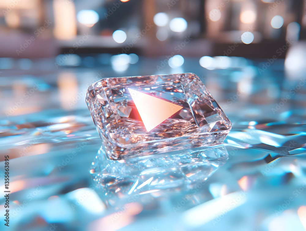 Poster radiant diamond jewel resting on a reflective surface with a triangular orange shape inside under so